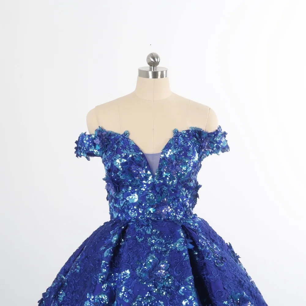 Real photo New Royal blue butterfly Sequined Wedding dresses with Boat neck  fast shipping