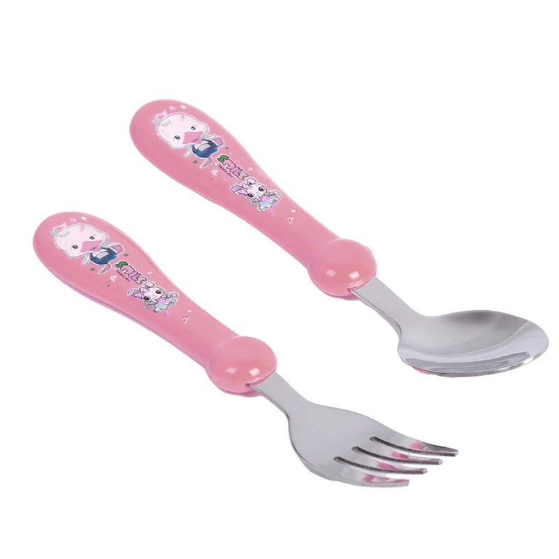 Pink 2 шт./компл. с принтом с героями мультфильмов для малышей и детей постарше ложка для кормления+ вилка высокое качество Нержавеющая сталь детская ложка столовые приборы - Цвет: Pink