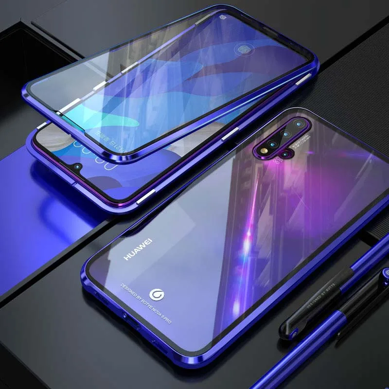blue Роскошный Алюминиевый металлический магнитный чехол 360 передняя+ задняя двухсторонняя закаленная стеклянная адсорбционная крышка для huawei Nove 5Pro чехол KS0243 - Цвет: blue