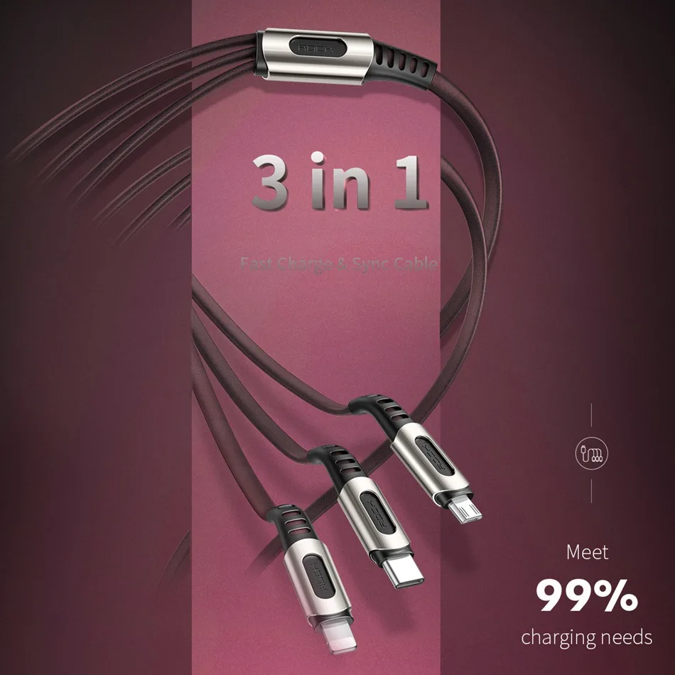 ROCK 3 в 1 USB кабель для смартфонов Microusb type-C зарядный кабель для iPhone зарядный кабель Micro USB зарядное устройство Дата шнур