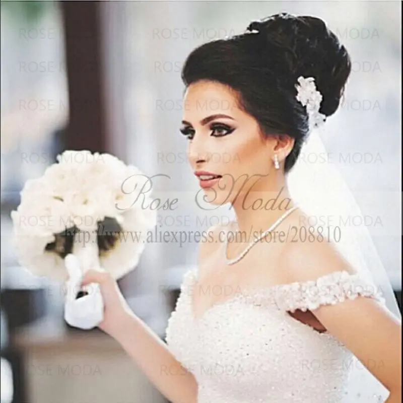

Rose Moda Luxury Princess Tulle Wedding Dress 2019 with Flowers Off Shoulder Bridal Ball Gown Lace Up Back
