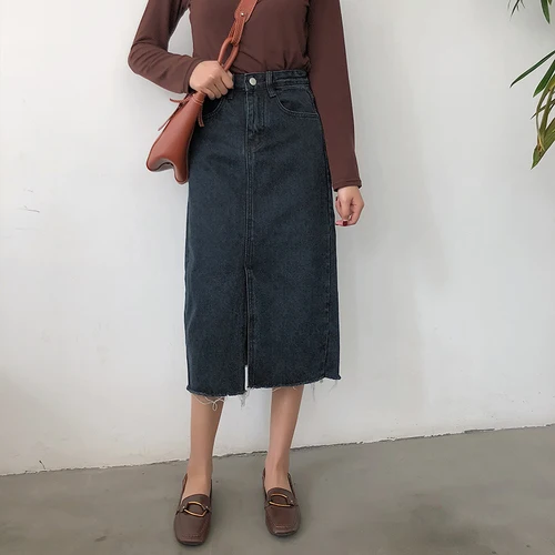 Женская винтажная длинная джинсовая юбка элегантная Корейская с разрезом