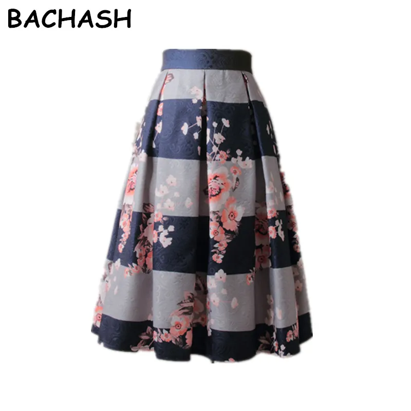 

BACHASH Winter Autumn Women Vintage Flower Print Ball Gown Pleated High Waist Tutu Midi Blue Skater Knee Length Skirts Spring