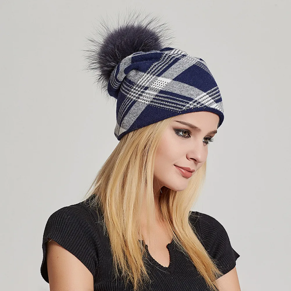 Женская кашемировая Шапка-бини большого размера с пышным помпоном из