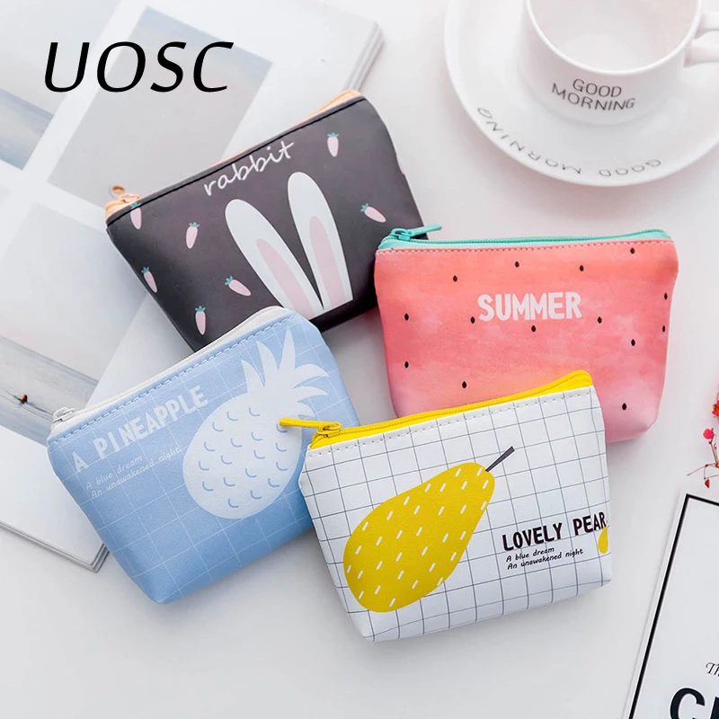 UOSC летние новые брендовые кожаные кошельки маленький свежий Повседневный Кошелек для монет ПУ Дамская мода фруктовый узор мультфильм доллар мешок для денег