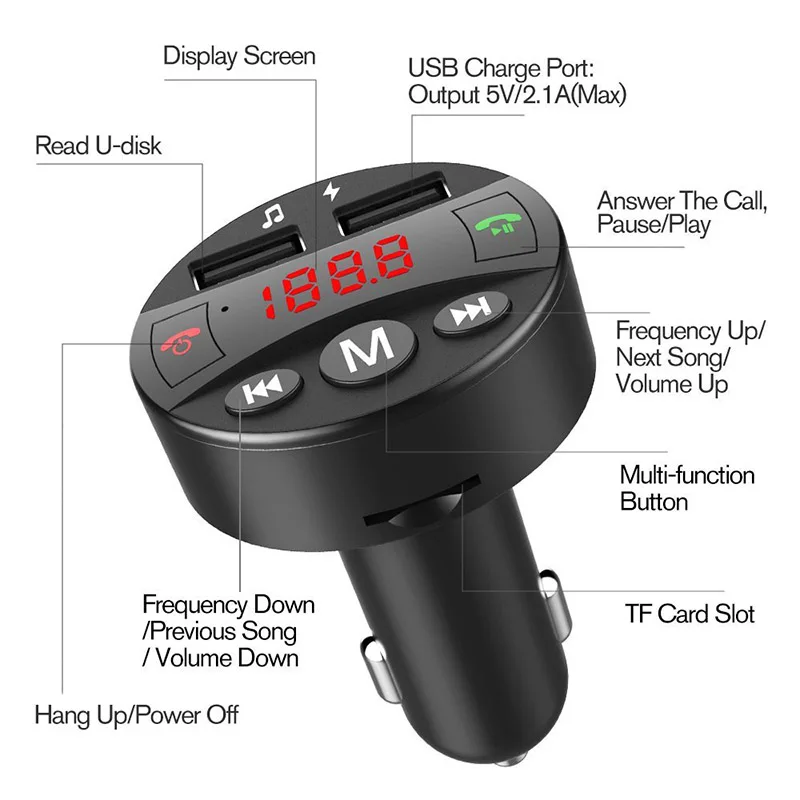 Handsfree Bluetooth Car Kit 5V 2.1A Wireless FM Transmitter QC 3.0 Dual USB Charger Audio MP3 Player With 32GB memory function | Автомобили