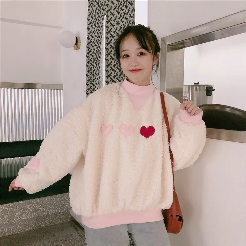 Kawaii размера плюс Осенняя Корейская розовая Женская одежда Харадзюку с длинным рукавом с вышивкой в виде сердца флисовые толстовки кофты