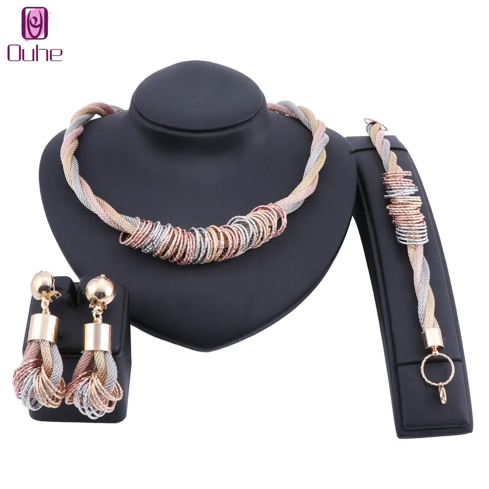 

Wholesale Turkey Three Tone Charms Choker Dubai Elegant Women Gifts Necklace Bracelet Earring Bride Wedding Jewelry Accessories