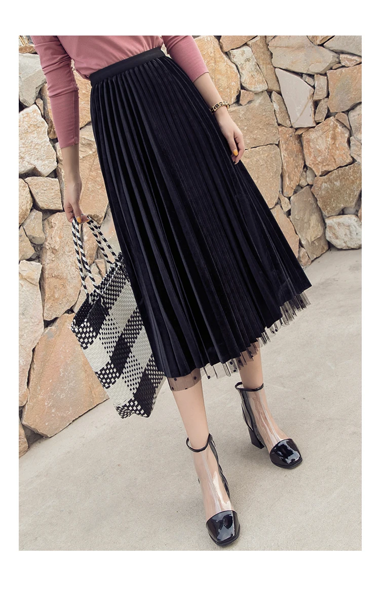 OHRYIYIE бархатная плиссированная юбка в горошек, Осень-зима, двухсторонняя Тюлевая юбка с высокой талией, женские длинные юбки миди