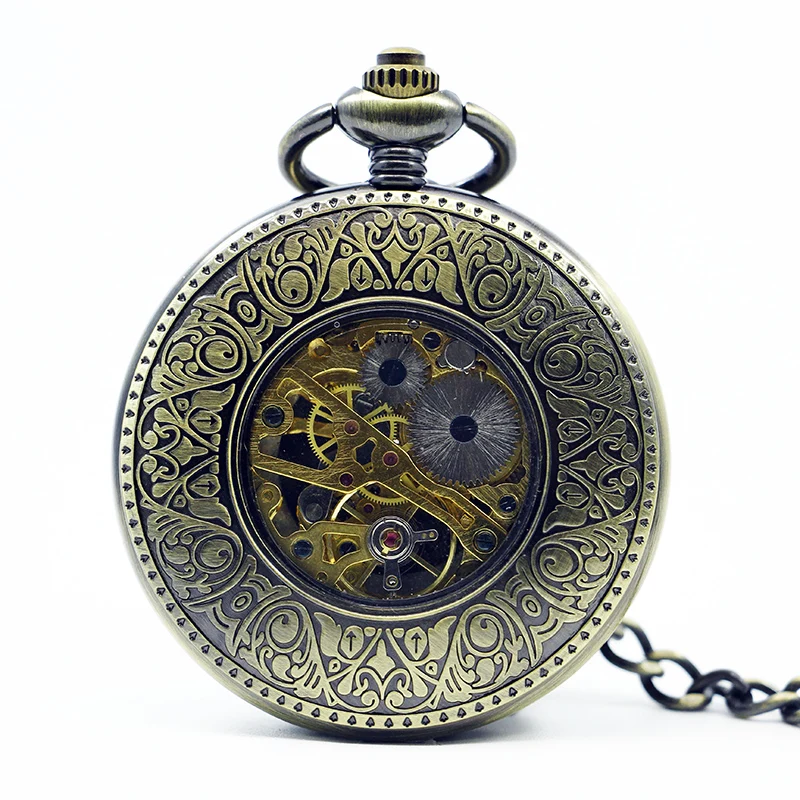Поезд резные Винтаж карманные часы Механическая Рука обмотки Цепочки и ожерелья