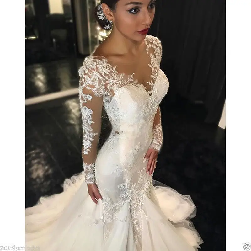 

Long sleeve mermaid wedding dress white ivory flower lace applique sexy backless bridal gown in stock size