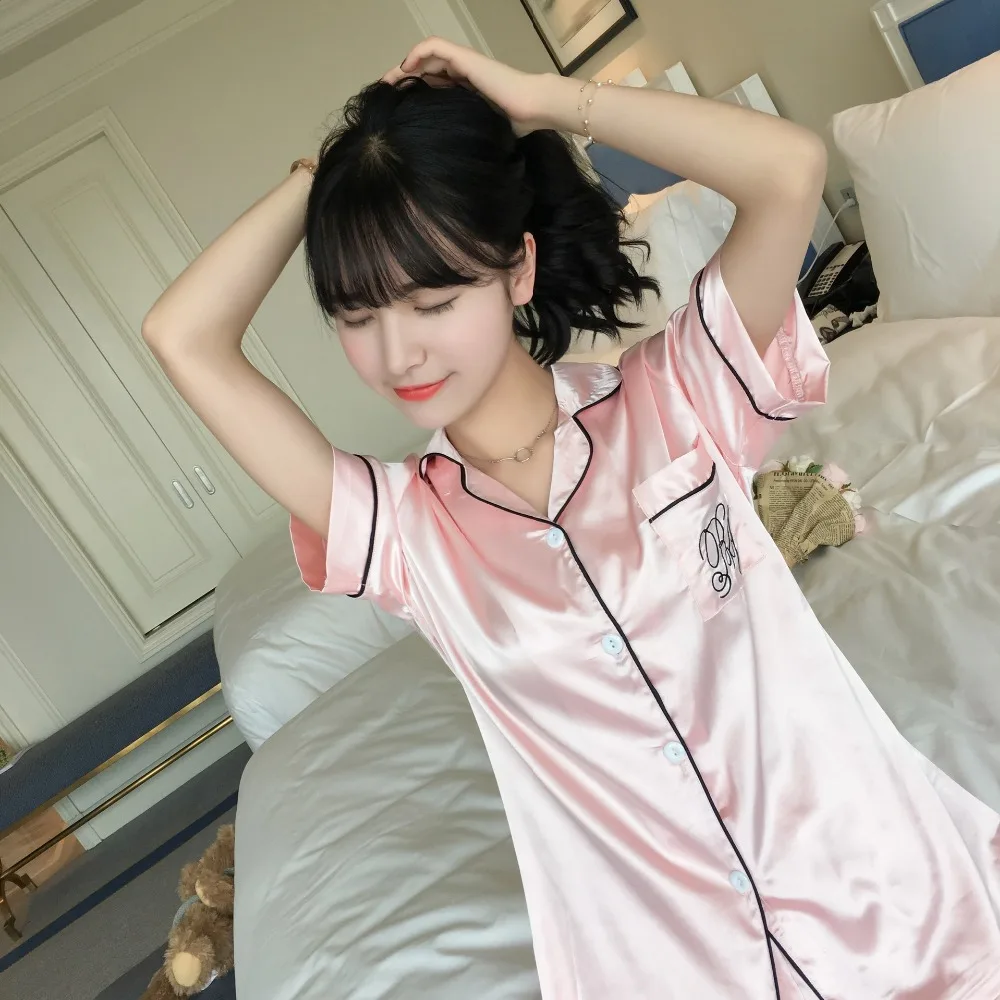 Летняя Пижама для женщин шелковая пижама с коротким рукавом и шорты комплект сна