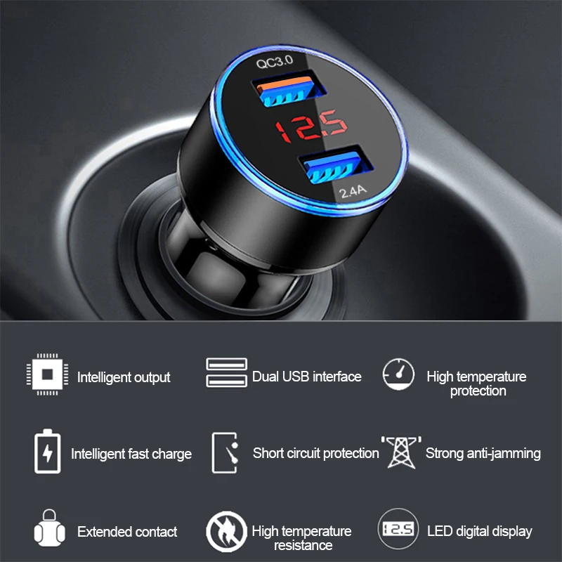 Автомобильное зарядное устройство QC3.0 2.4A с двумя usb-портами, ЖК-дисплей, 12-24 В, прикуриватель, быстрое зарядное устройство, автомобильный usb-адаптер, обновленная версия