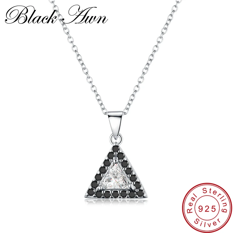 

[BLACK AWN] 925 Sterling Silver Trendy Triangle Black Spinel Stone Necklaces Pendants for Women Fine Jewelry P171