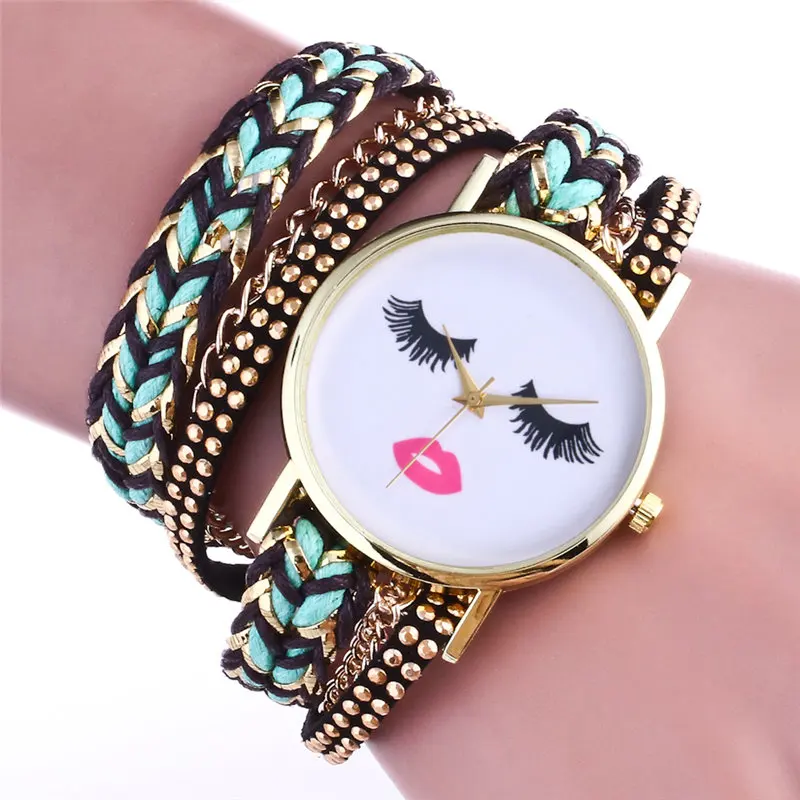 Модные Золотые женские часы браслет Заклёпки кожа сонные глаза красивые