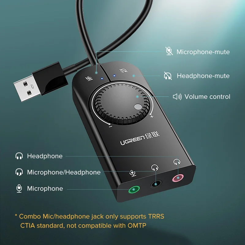 Ugreen звуковая карта USB аудио Интерфейс внешний 3,5 мм микрофонный аудио адаптер Звуковая для ноутбука PS4 гарнитура звуковая карта с интерфейсом USB