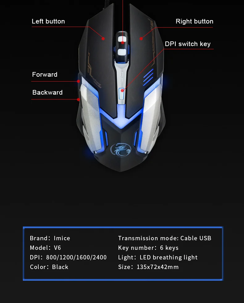 IMice V6 профессиональная Проводная игровая мышь 3200 dpi 6 кнопок USB Оптический светодиодный свет ноутбук PC Gamer компьютерная мышь игровая мышь#30