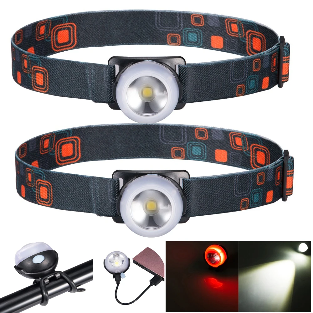 

2pcs 10000LM LED COB Mini Headlamp red white Headlight USB Rechargeable Head Torch Flashlight Lamp Light Camping +USB Line
