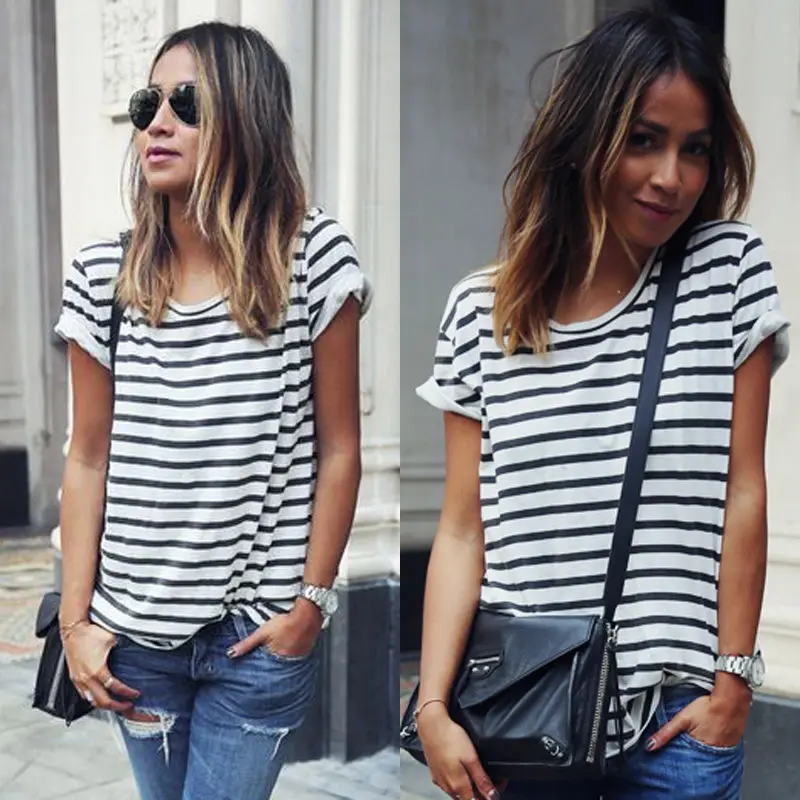 Женские полосатые топы с круглым вырезом и коротким рукавом новинка 2019|Футболки|