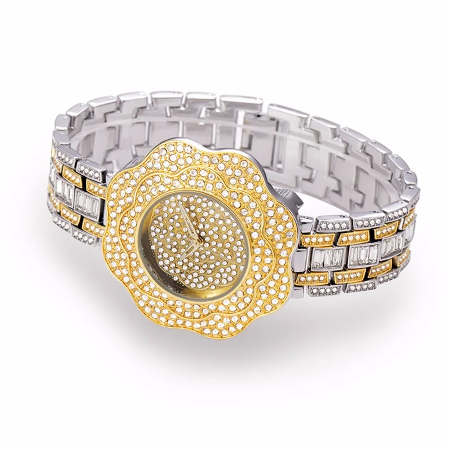 Топ Марка Роскошные Rhinestone Цветок Женщины Золотые Часы Из Нержавеющей Стали