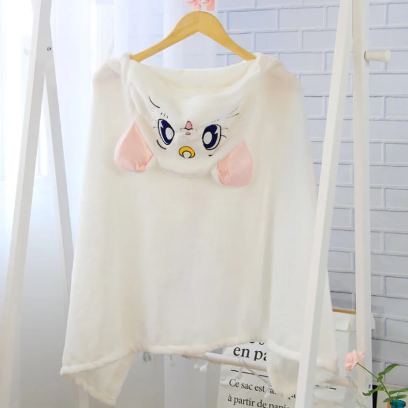 Kawaii, Сейлор Мун, одеяла с капюшоном, японское аниме, для женщин и девушек, носимая мягкая фланелевая ткань, флисовые одеяла для дивана - Цвет: White