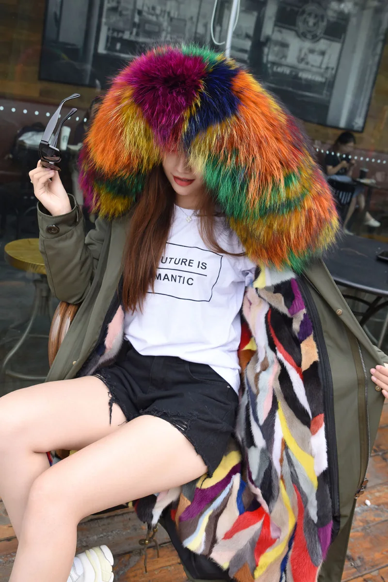 Женская теплая парка из натурального меха норки пальто с капюшоном енота лисы