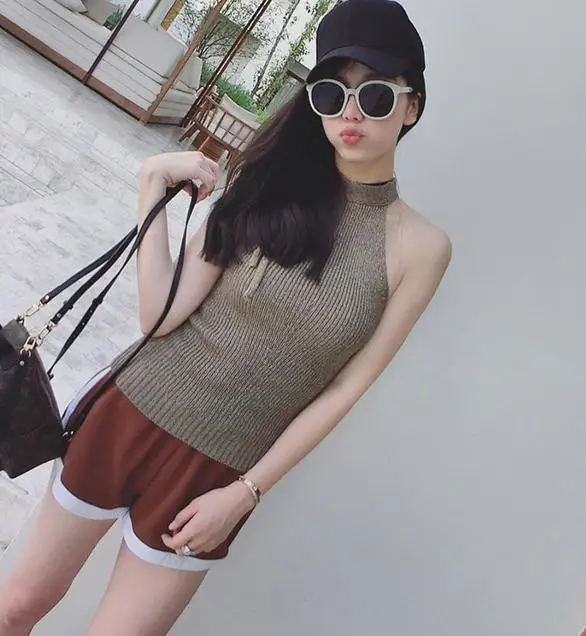 Хит продаж сексуальный трикотажный топ без рукавов с завязками на шее женский