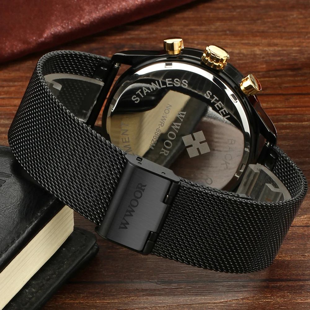 Часы WWOOR мужские повседневные деловые из нержавеющей стали с сетчатым ремешком