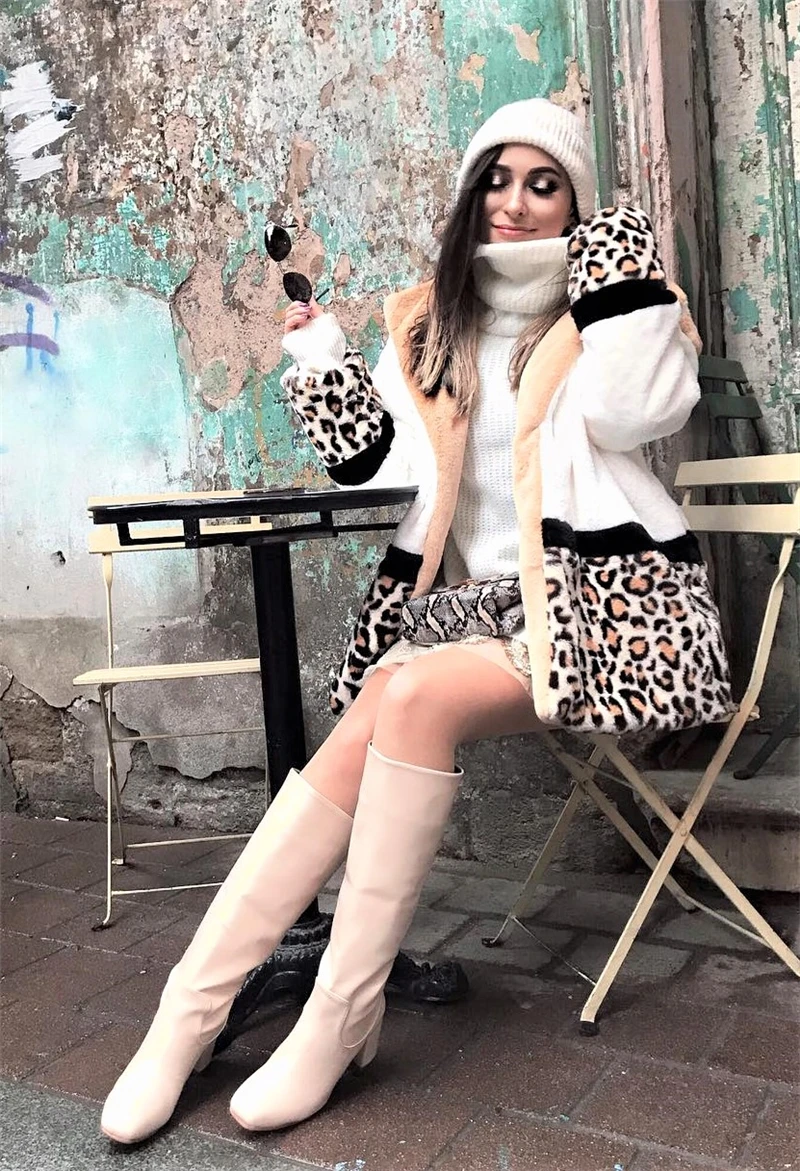 Dotfashion, разноцветное пальто с карманами, леопардовая панель, искусственный мех, плюшевое пальто, женская Повседневная зимняя одежда, женская верхняя одежда с длинным рукавом
