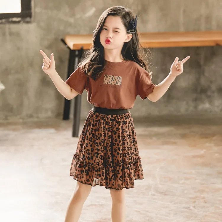 Коричневый Girls Clothes Set Summer White Shirt with Leopard Cake Skirt 2 Pieces Sets Little Kids Casula Cotton Clothing Suit - Цвет: Коричневый