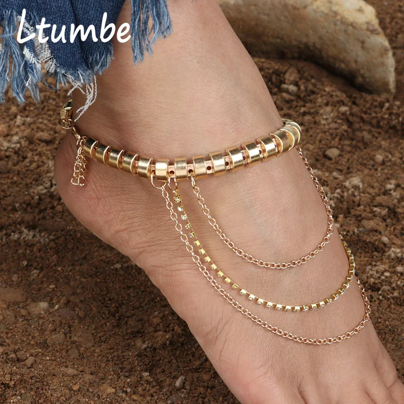 Ltumbe New Bohemian Wave Tassel Anklets Bracelets Handmade Punk Style Gold Color for Women Foot Jewelry Sandals Cheville | Украшения и