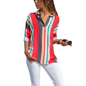 Модная женская Свободная блузка с длинным рукавом, новинка 2018, повседневные топы в радужную полоску, рубашка на осень-лето, женская рубашка с v-образным вырезом на пуговицах