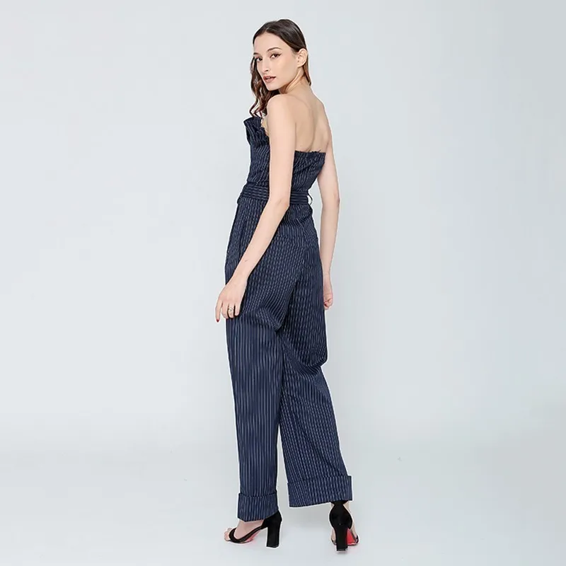 GALCAUR Sexy Sleeveless Striped Jumpsuit Woemn Strapless High Waist With Sashes Ruched Wide Leg Pants Female Spring Fashion 2020 | Женская