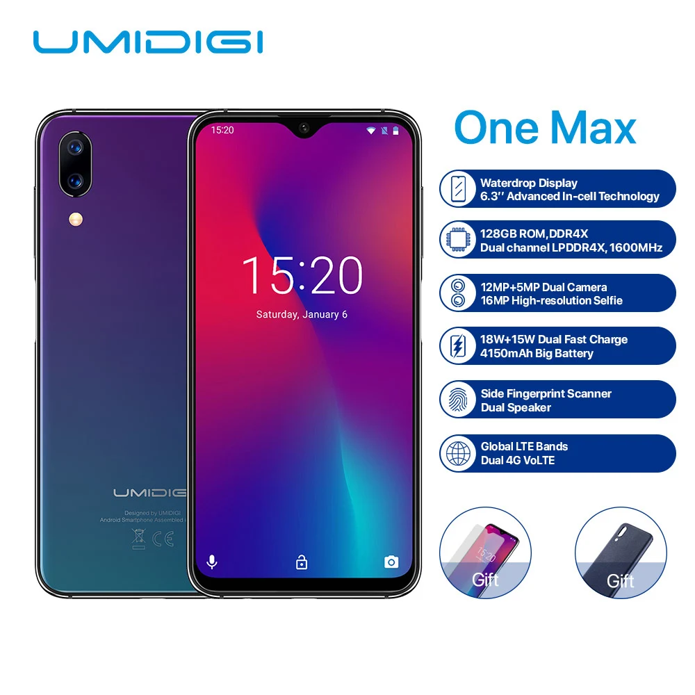 UMIDIGI One Max мобильный телефон 4 ГБ 128 ГБ 6,3 дюйма Helio P23 Восьмиядерный Android 8,1 16 Мп+ 12 МП 4150 мАч NFC Face ID 4G смартфон