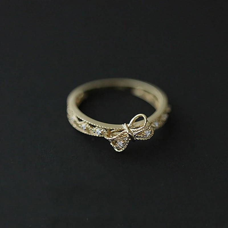 Модное милое кольцо с кристаллами золотого цвета на палец бантом обручальное