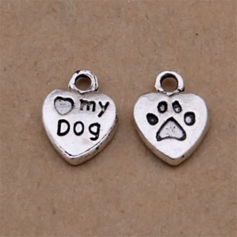 

200Pcs/lot Antique Silver Cute my Dog Letter Charms 13x10mm Heart Dog Paw Metal Charms Lots