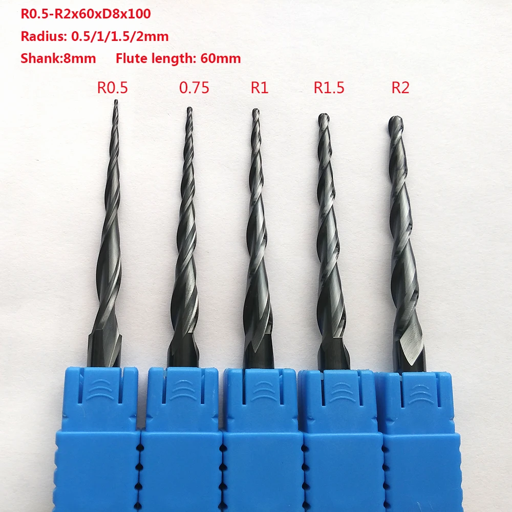 1 шт. r0 5/r0 75/R1/R1.5/R2xD8 8 мм 2F HRC55 вольфрамовые твердосплавные удлиненные конические