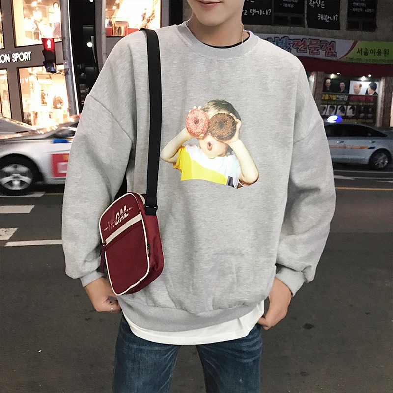 2018 корейский осенний мужской круглый воротник принт Модный пуловер Свободный