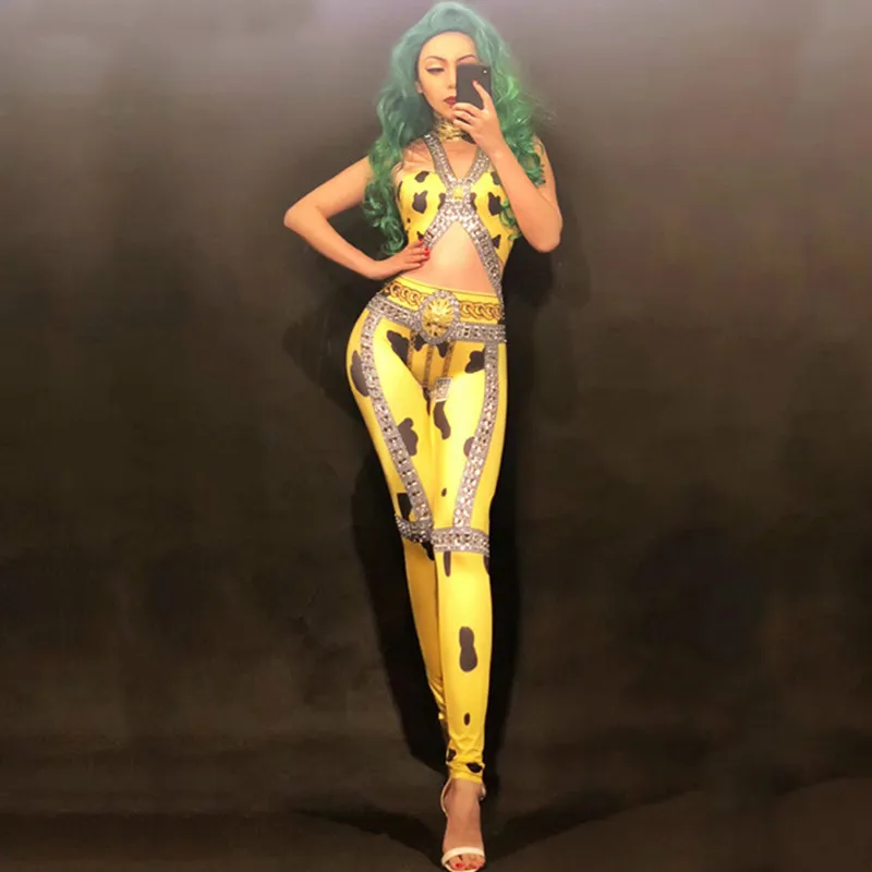 Women Sexy Stage Nightclub Costumes for Singer Yellow 3D Print Sparkly Crystals Dj Gogo Jumpsuit Rhinestone Dress | Тематическая