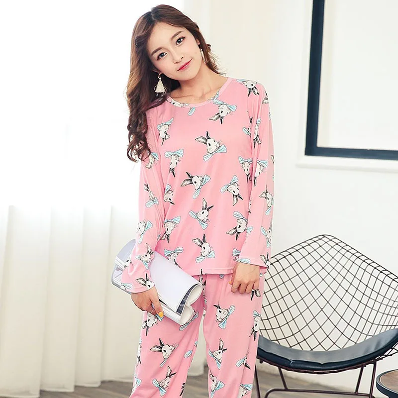 pink rabbit Для женщин длинный рукав мультфильм печати рубашка брюки 2-piece Pajama Set пижамы Homewears женский осень Милые комплекты Для женщин - Цвет: pink rabbit