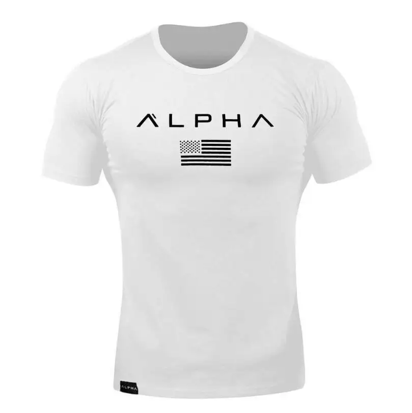 picture color ALPHA летняя Новинка Мужская хлопковая футболка с коротким рукавом Фитнес Бодибилдинг футболки мужские брендовые Топы модная повседневная одежда - Цвет: picture color
