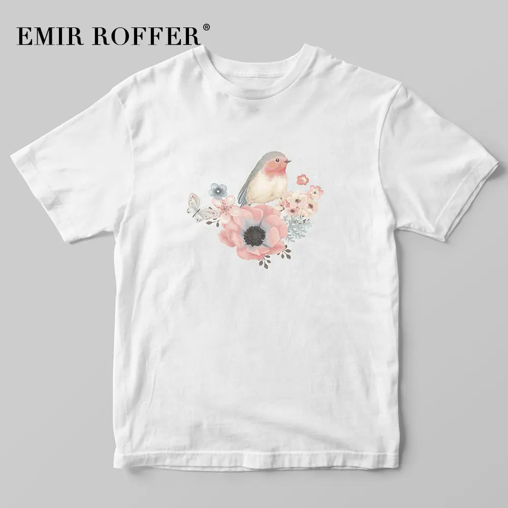 EMIR ROFFER винтажная женская футболка с цветочным принтом и птицей летняя Базовая