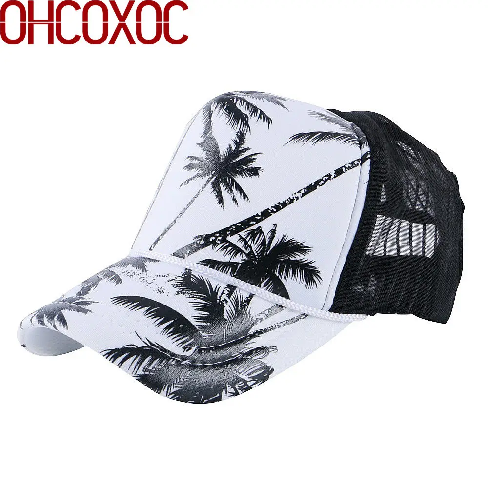 men women casual summer baseball cap sun hat mesh style cool print Coconut tree pattern adjustable female male trucker | Аксессуары для