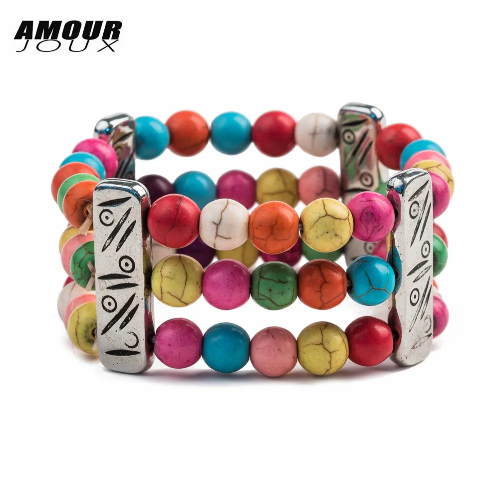 AMOURJOUX Boho 3 слоя бусины из натурального камня красочный женский браслет этническая