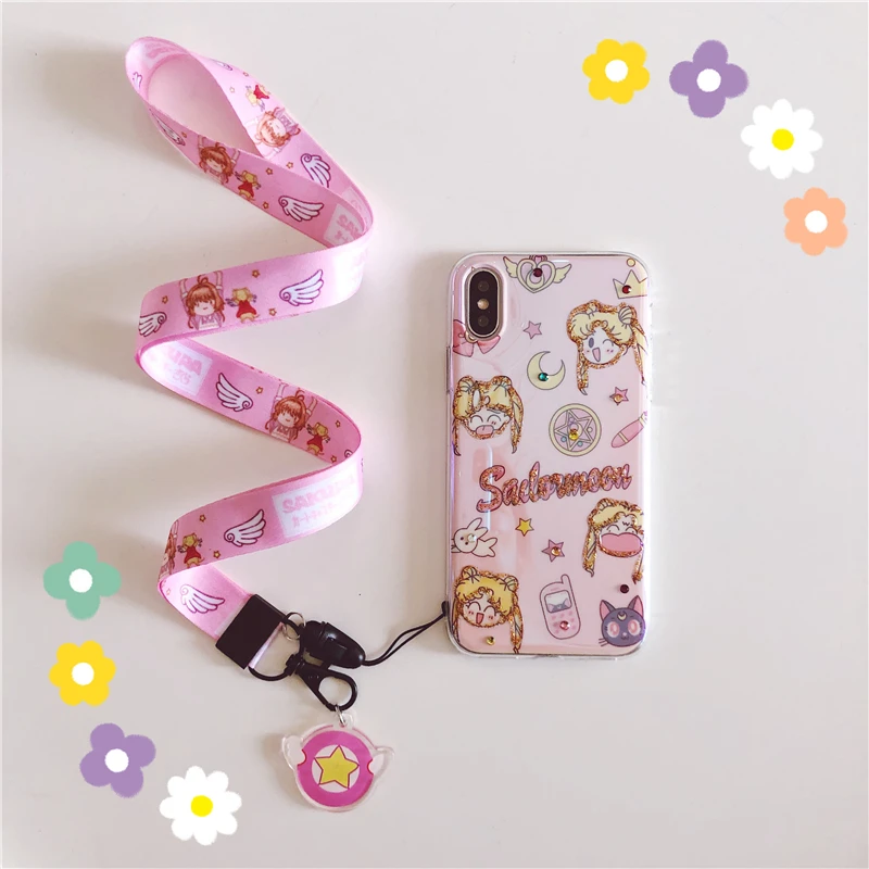 Для iphone XS max XR X Розовый Блестящий Сейлор Мун мягкий чехол+ ремешок для iphone 8plus 7plus 6SP 7 8 6 6S милый блестящий чехол Sukura