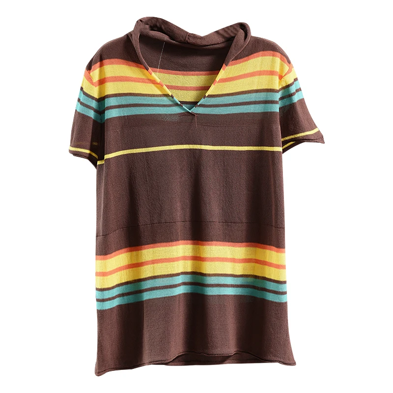 Summer T-shirt Retro Women Loose Knitting Pullovers New Tops V-Neck Short Sleeve Striped Mori girl Vintage Casual 2019 | Женская одежда