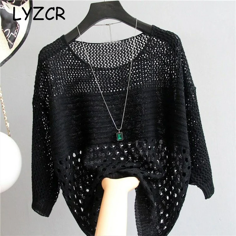 Transparent Knitted Sweater Women Summer Jumper Bat Sleeve Hollow Out Women's Oversized For Loose Knitwear Top | Женская одежда