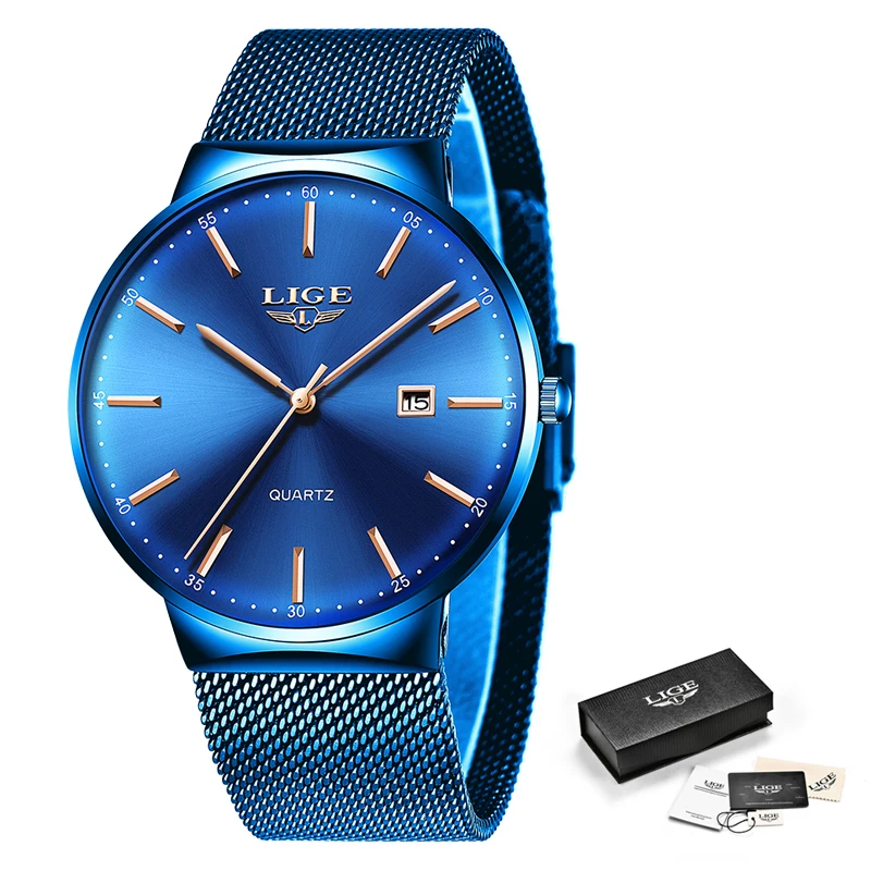 

Mens Watches Top Brand LIGE Men Luxury Blue Waterproof Watches Ultra Thin Date Simple Casual Quartz Watch For Men Sports Clock