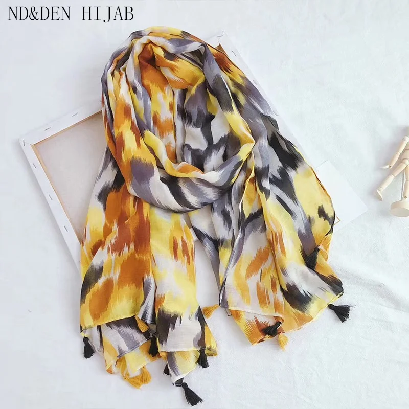 

Новый роскошный хлопковый шарф с бахромой и абстрактным принтом, хиджаб, мусульманская женская повязка на голову, шаль, мягкие шарфы, красив...