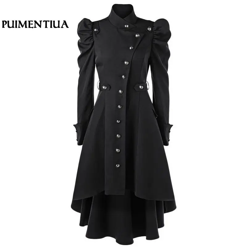 Женский Длинный плащ Тренч Puimentiua Черный винтажный с воротником стойкой и